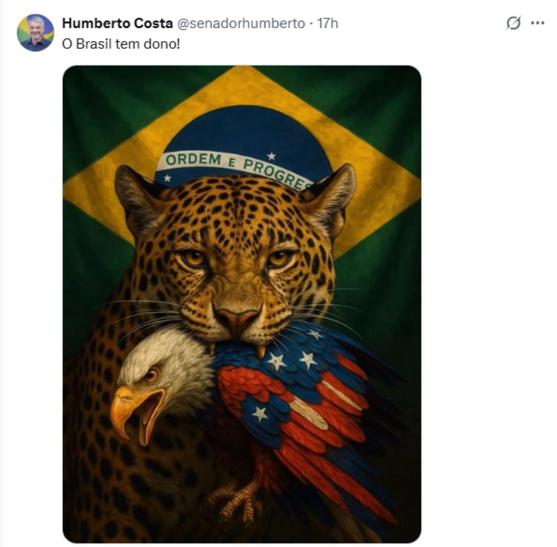 Esquerdistas, comunistas, socialistas, parecem não ter noção. Em um momento de tensão onde o juizo mediano manda que as autoridades ensejam esforços pela paz, Esta “autoridade” da republica posta um cartaz com uma onça atacando uma águia, em alusão aos EUA. Piadas assim é que nos