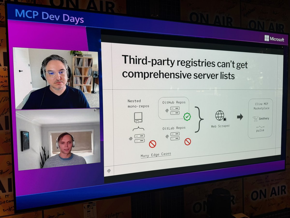 burkeholland's tweet image. Looks like @github is working with @pulsemcp on an MCP registry.
Talking about the drawbacks of the current solution…