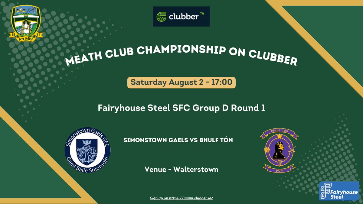 Meath GAA (@meathgaa) on Twitter photo The opening game of the club season on Clubber this year will be the Fairyhouse Steel Senior Football Championship Group D meeting of <a href="/simonstowngaels/">Simonstown Gaels</a> and <a href="/WolfeTonesMeath/">Wolfe Tones GAA</a>
A local derby, will the Navan side pick up the two points on offer or will the beaten finalists of 2024 and The opening game of the club season on Clubber this year will be the Fairyhouse Steel Senior Football Championship Group D meeting of <a href="/simonstowngaels/">Simonstown Gaels</a> and <a href="/WolfeTonesMeath/">Wolfe Tones GAA</a>
A local derby, will the Navan side pick up the two points on offer or will the beaten finalists of 2024 and