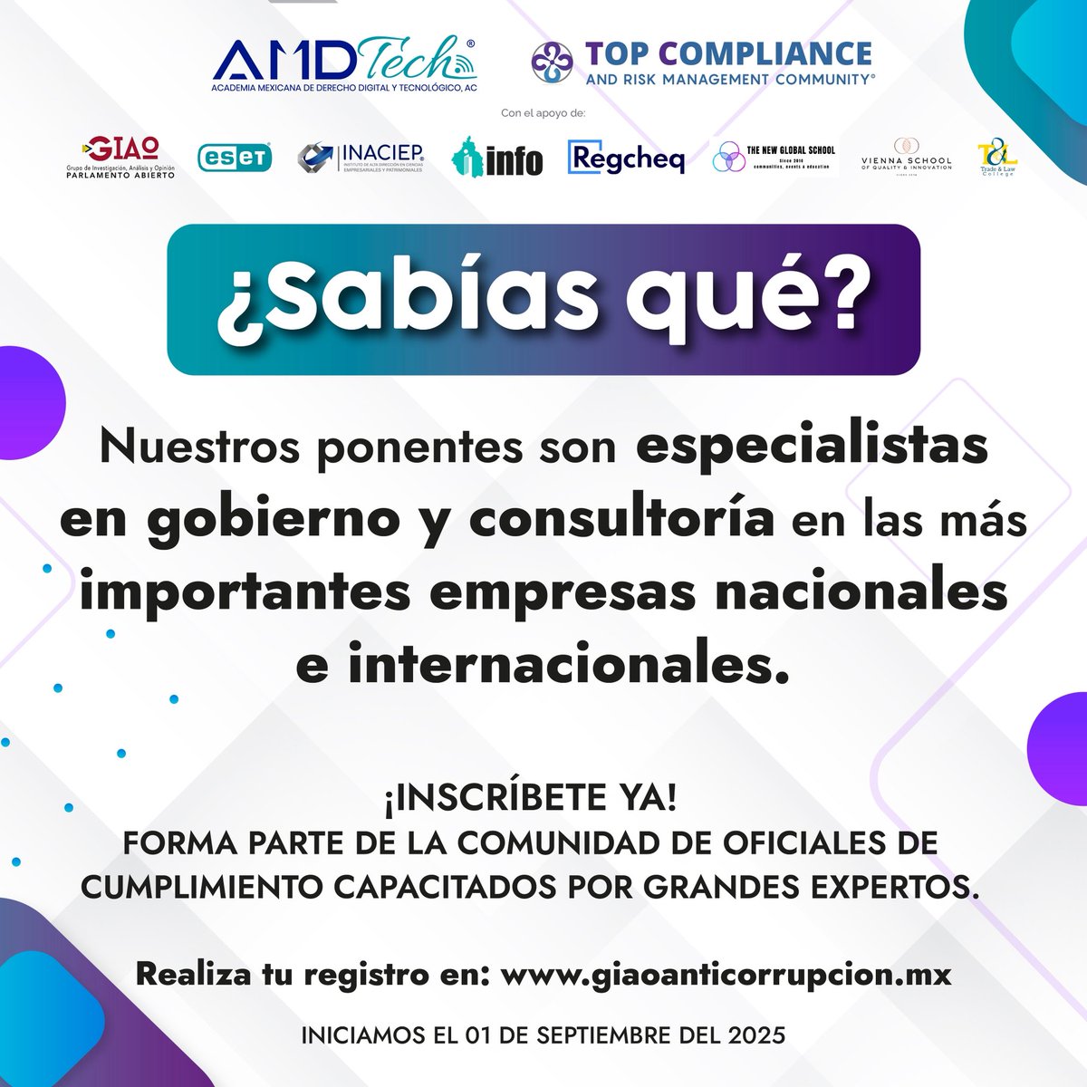 🎓 Conviértete en Oficial de Cumplimiento Certificado con el Diplomado FIOC.
💼 Aprende de expertos en cumplimiento, riesgos digitales y gobierno corporativo.
🚀 Transforma tu perfil profesional.
🔗 Inscríbete: giaoanticorrupcion.mx/eventos/#event…