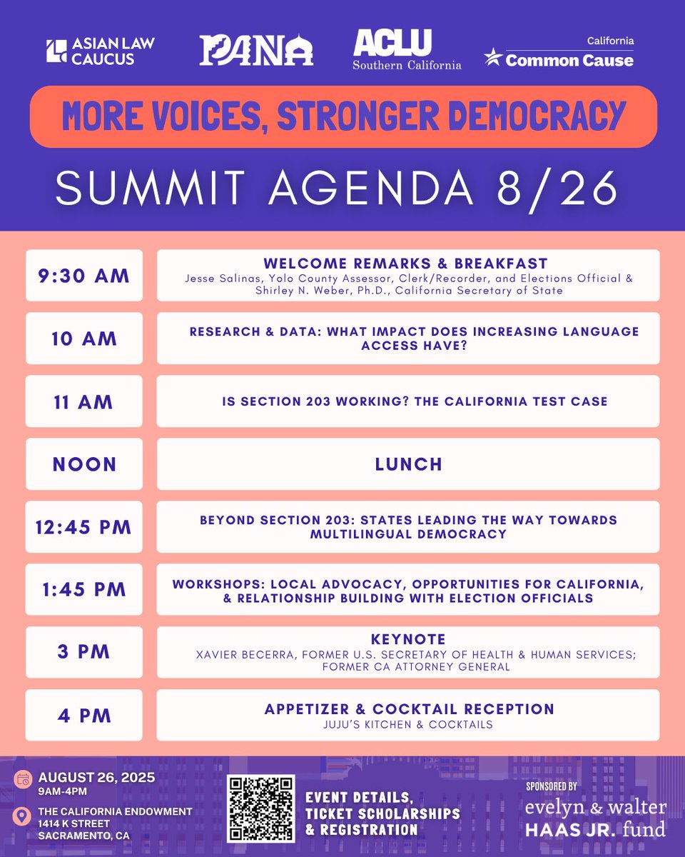 We are commemorating the 50th anniversary of the language access provisions of the Voting Rights Act 🎉!

Come celebrate with us, Shirley N. Weber, Ph.D., California Secretary of State and special keynote speaker Xavier Becerra, former U.S. Secretary of Health &amp; Human services!