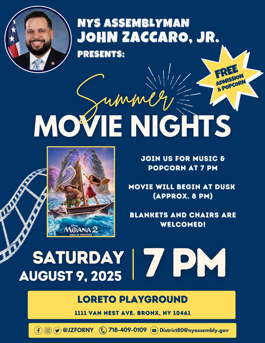 Summer Movie Night Alert! 
Join us Saturday, August 9th at Loreto Playground for a special screening of Moana 2 under the stars!

🎶 Music &amp; FREE popcorn kick off at 7PM
🎬 Movie starts around 8–8:30PM

Bring your blankets, bring your crew—we’ll see you there!
📍 Full details ⬇️