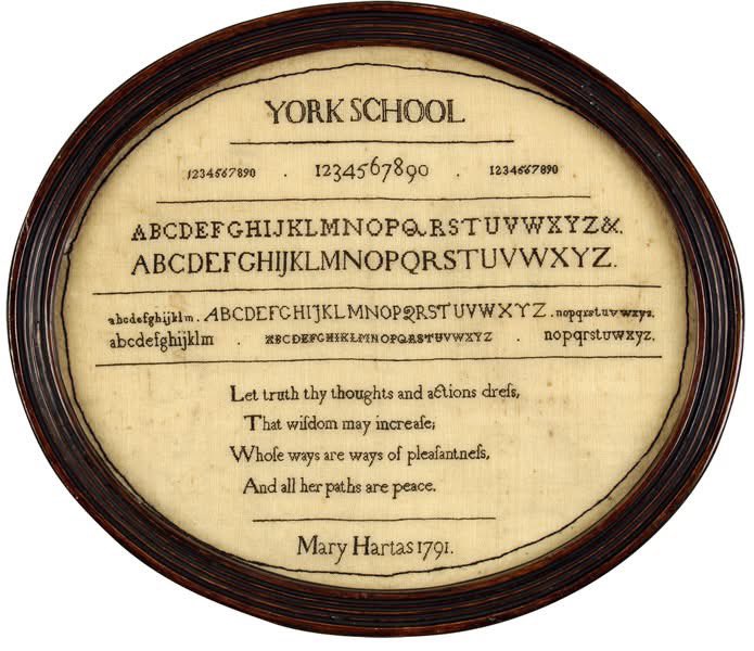 Mary Hartas worked this sampler in 1791 while at the York School, a Quaker school in Trinity Lane, York which opened in 1785. Mary, from Spaunton, North Yorkshire, was a member of the Hartas family, who had been Quakers in the north of England from the early days of Quakerism