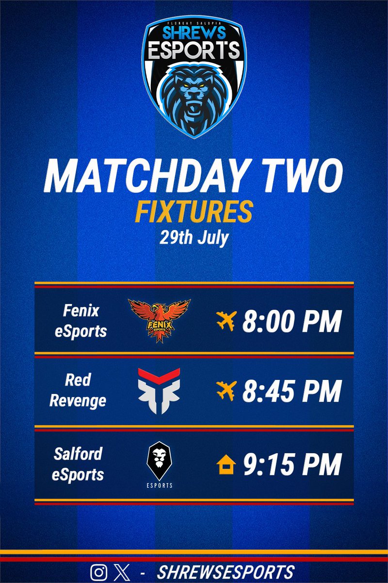 Matchday 2 fixtures for Shrews esports

Watch live - xstokezx Twitch 8pm

#salop