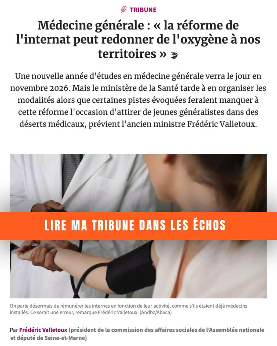 Médecine générale : «la réforme de l'internat, de l'oxygène pour nos territoires».

Retrouvez ma tribune sur le site <a href="/LesEchos/">Les Echos</a>.

Chers <a href="/CaVautrin/">Catherine Vautrin</a> &amp; <a href="/yannickneuder/">Dr. Yannick Neuder</a>, patients, étudiants et élus locaux attendent que cette réforme atterrisse le mieux possible.
lesechos.fr/idees-debats/c…
