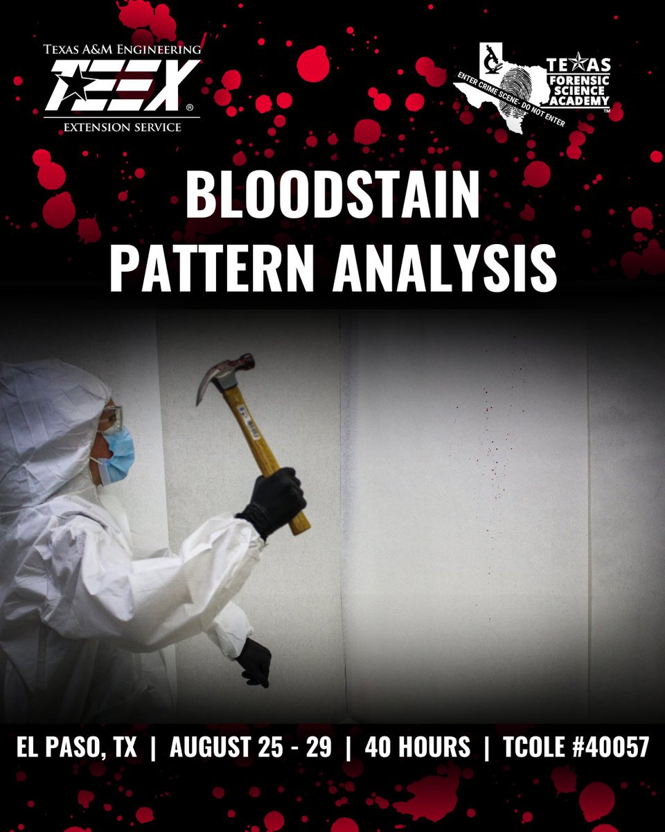 Do you want to discover how blood patterns can help determine relative positions of the victim and/or suspect, and the nature of the force and weapon potentially used? Then attend our Bloodstain Pattern Analysis course in El Paso, TX August 25-29! teex.org/class/FSA103
#TEEX