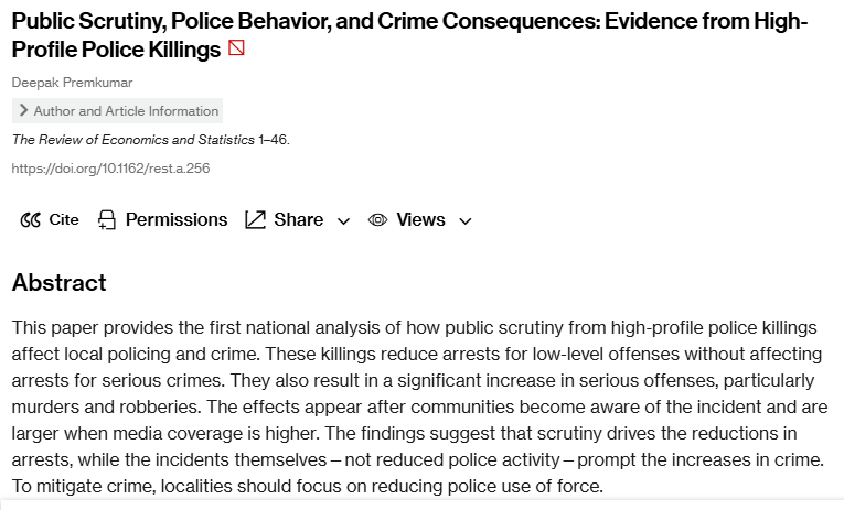 Congrats to ARE 2020 PhD alumnus Deepak Premkumar on publishing his job market paper on police behavior and public scrutiny in this issue of the Review of Economics and Statistics 
direct.mit.edu/rest/article-a…
sites.google.com/view/deepakpre…