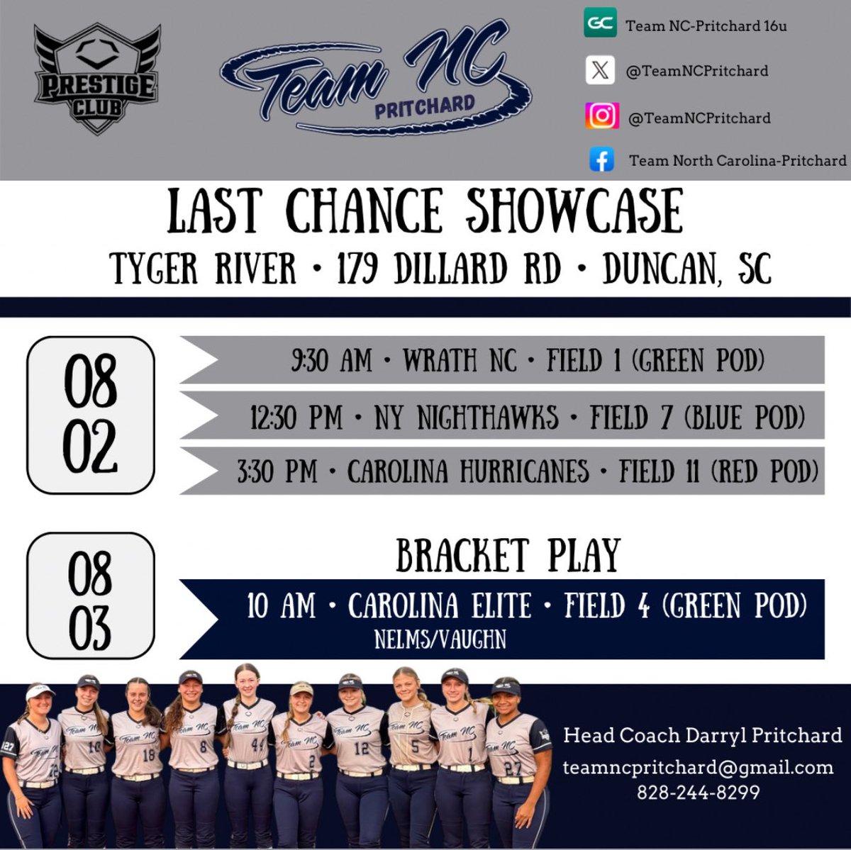 Come out and watch us for the last time this summer at the Last Chance Showcase!! <a href="/TeamNCPritchard/">Team North Carolina-Pritchard</a> 
<a href="/Mads_Arm2Strong/">Maddie Armstrong</a> <a href="/dees_44/">Clay Ardeeser</a> <a href="/Jbum42/">Josh Bumgarner</a> <a href="/CoachMckenzie2/">Coach Chris</a>