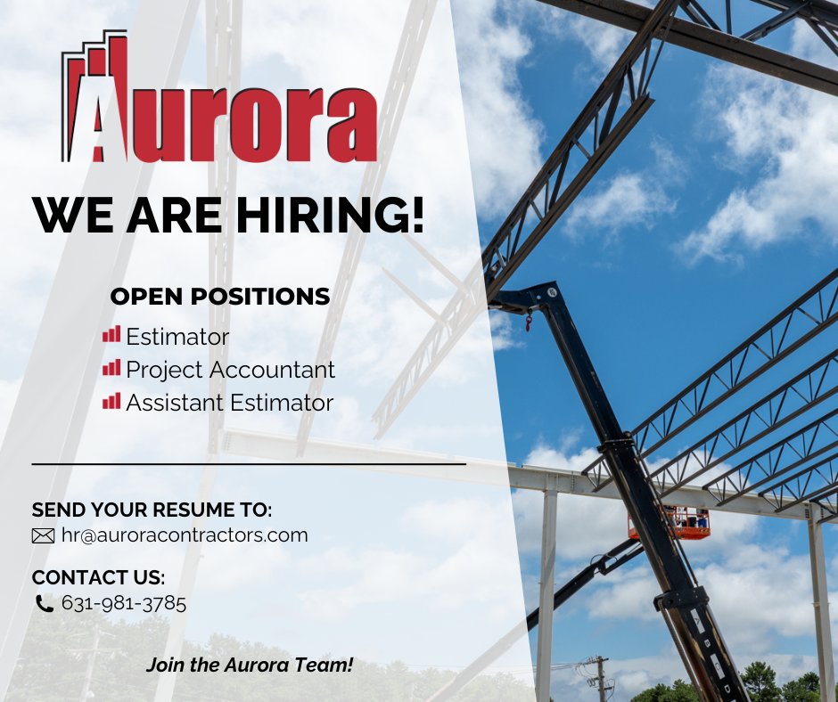 Aurora is hiring! We are currently looking for motivated individuals to join our award-winning, employee-owned team! #nowhiring #constructionjobs #jobopening #hiringnow #constructionindustry