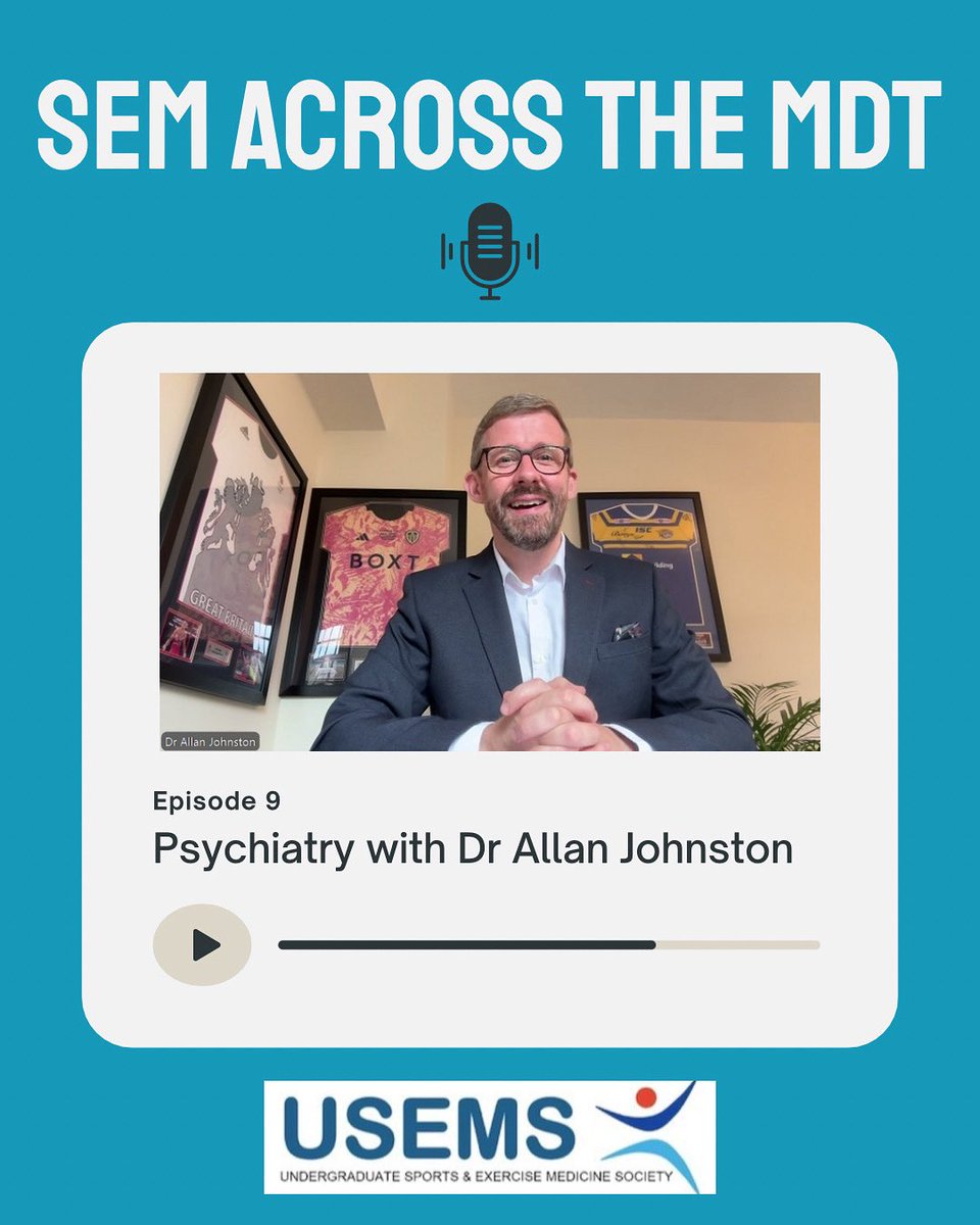 USEMS (@undergradsems) on Twitter photo Mental and physical connectedness is central to this enthralling chat with <a href="/DrAllanJohnston/">Dr Allan Johnston</a>. Listen in for insights on the role of psychiatry within sport and exercise medicine! 🧠
Tune in on Spotify and Podbean!
#semacrossthemdt #sportandexercisemedicine Mental and physical connectedness is central to this enthralling chat with <a href="/DrAllanJohnston/">Dr Allan Johnston</a>. Listen in for insights on the role of psychiatry within sport and exercise medicine! 🧠
Tune in on Spotify and Podbean!
#semacrossthemdt #sportandexercisemedicine