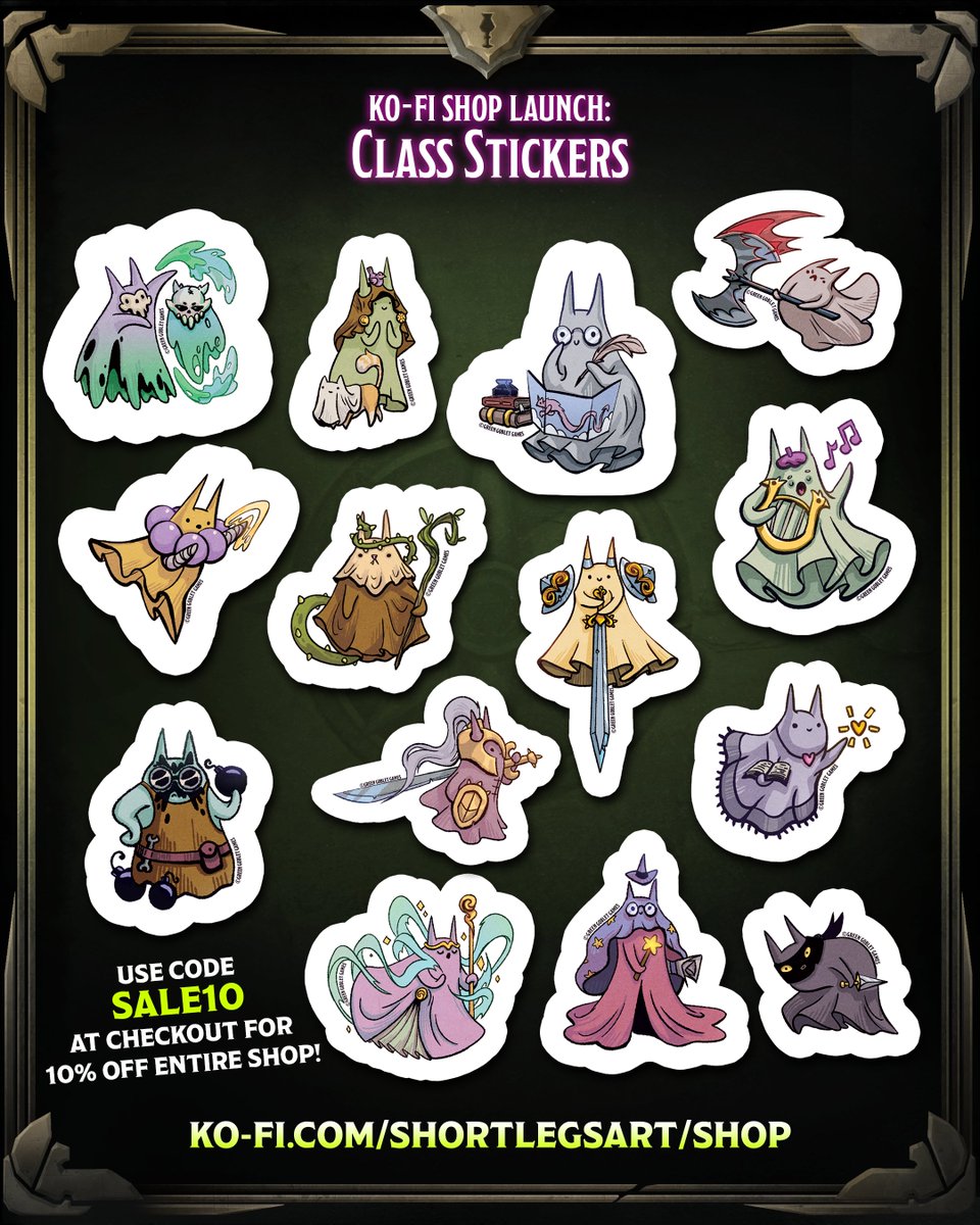 GreenGobletGame's tweet photo. New class stickers have arrived in our Ko-Fi shop! https://t.co/V1IfTA6GO1 
Use code SALE10 at checkout for 10% off on all shop items until Thu 31 July 2025 :)
#dungeonsanddragons #dnd #stickers #ghost #dndstickers #art #fantasyart https://t.co/s38Zo6xf5h