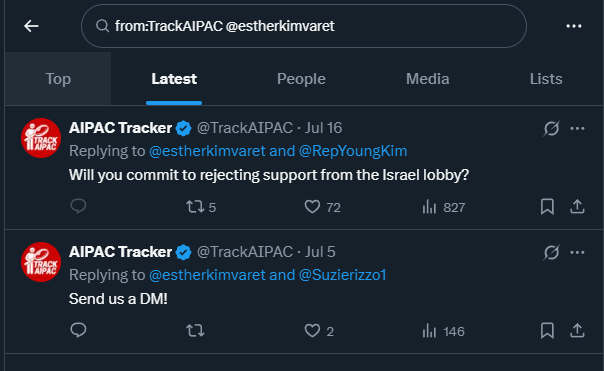 #CA40 candidate <a href="/estherkimvaret/">Esther for Congress</a> blocked us for asking if she would reject support from the Israel lobby: