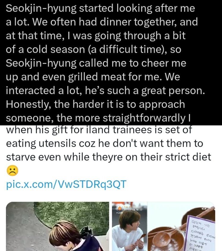 podem tirar as falas do seokjin de contexto e distorcer tradução o quanto quiserem, mas vcs nunca vão conseguir me convencer de que o cara q criou um quadro chamado "eatjin" na intenção de ajudar/encorajar os fãs c trastornos alimentares a se alimentarem de forma saudável+