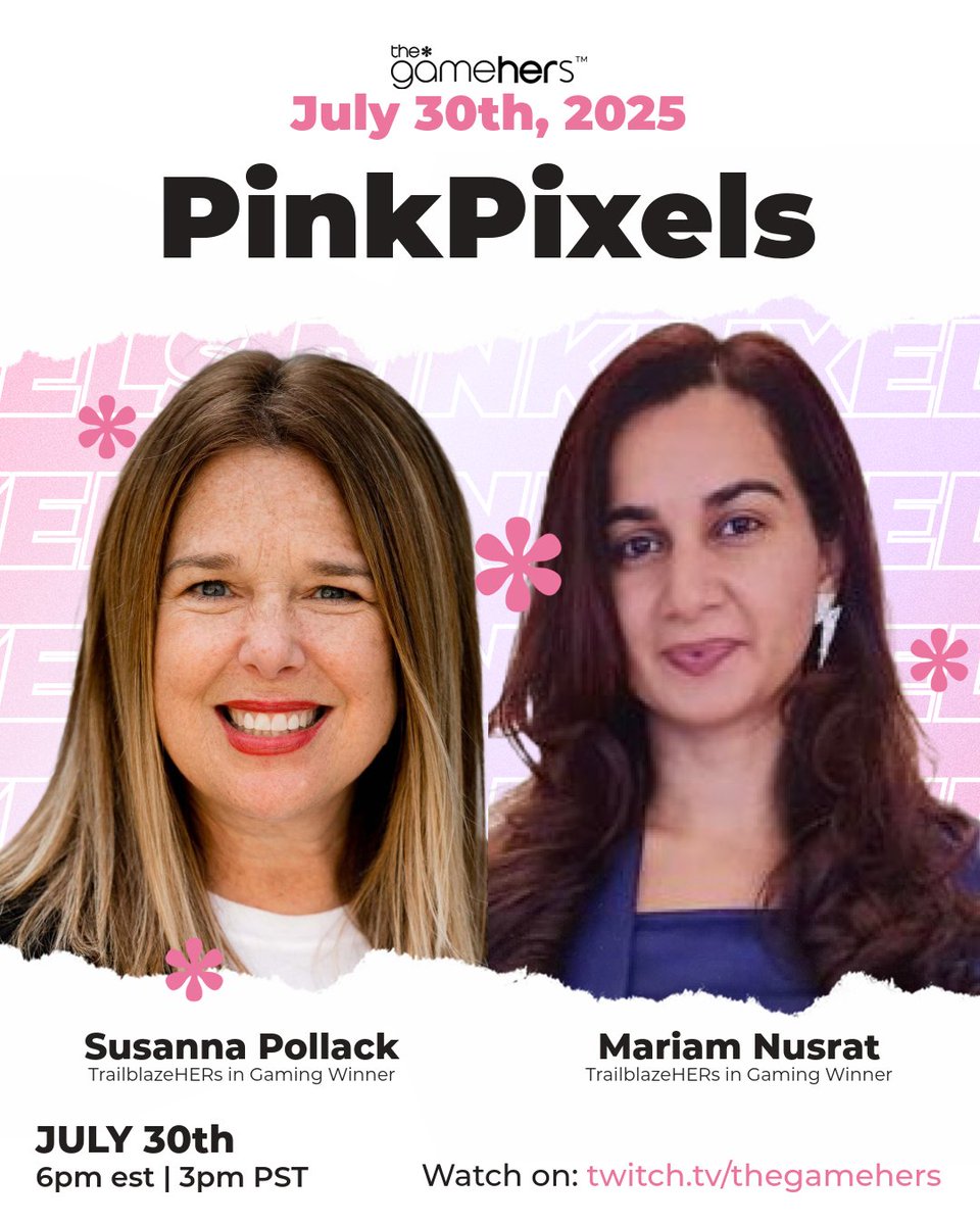 G4C's tweet photo. G4C president Susanna Pollack joins the Pink Pixels podcast by @thegamehers tomorrow, July 30! 👾✨

She’ll chat with fellow TrailblazeHER Mariam Nusrat on how games can drive change 🧠🌍

📺 https://t.co/GMITa6iSen
✅ https://t.co/5k3HBOakp3
#GamesForChange #PinkPixels https://t.co/SMgivJMtGJ
