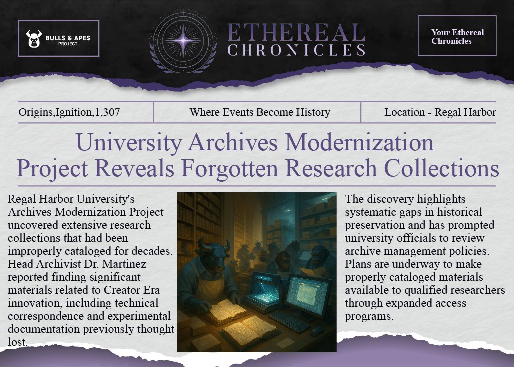 Major discovery at Regal Harbor University Archives! 

Modernization project uncovers extensive Creator Era research collections thought lost for decades. 

New materials now being cataloged for qualified researcher access through expanded programs.