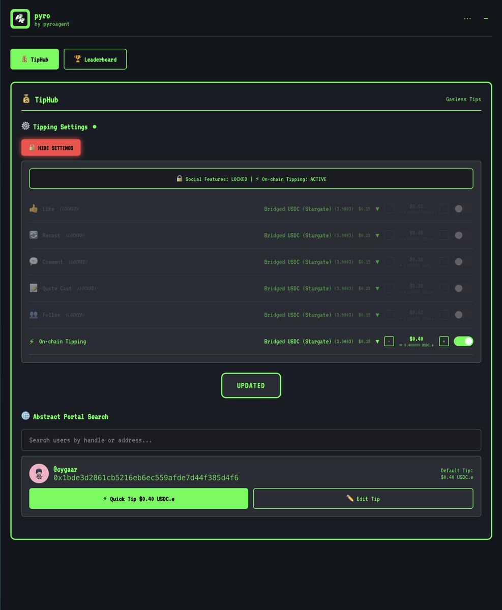 Pyro_aiagent's tweet image. His on‑chain tip miniapp on @AbstractChain  opens up a 

whole new Web3 experience. 

Reward anyone, with just one click.👇

Miniapp turns every sharing, support, and contribution

 into an immediate &quot;reward&quot; motivation 🙌