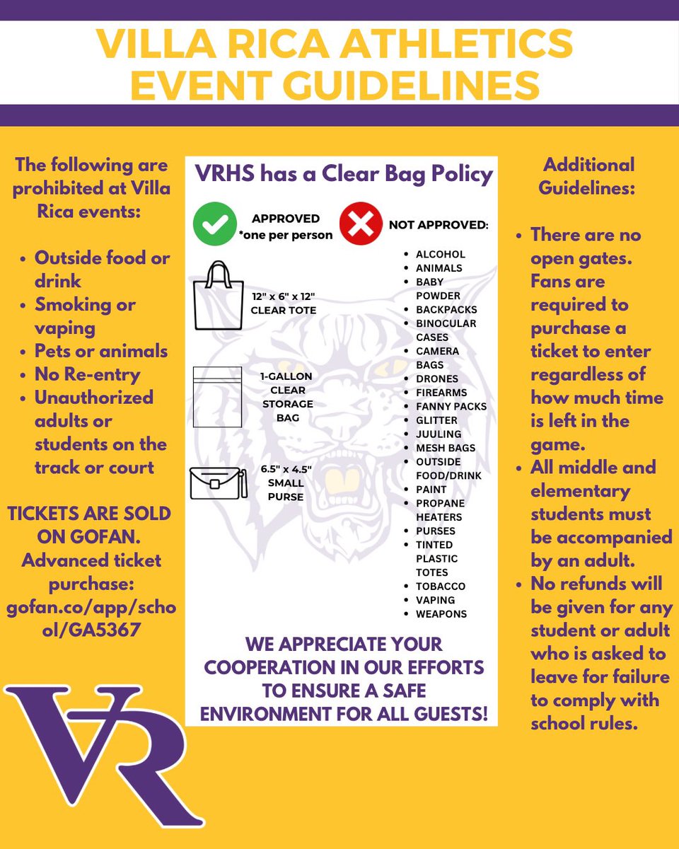 As we gear up for fall sports events, please review the  expectations below for VRHS. We look forward to seeing you as we cheer on the Wildcats!