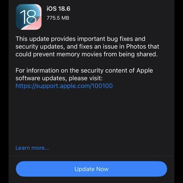 Apple released iOS 18.6 to iPhone and iPads.
