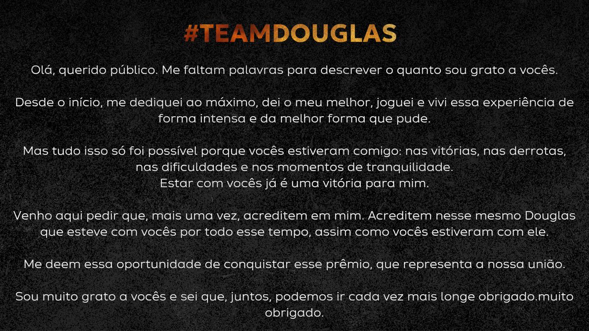 conquistarv's tweet photo. Recado do @DouglasJr500 para o #TeamDouglas. 🖤✨️ https://t.co/j4E6z7vPKC