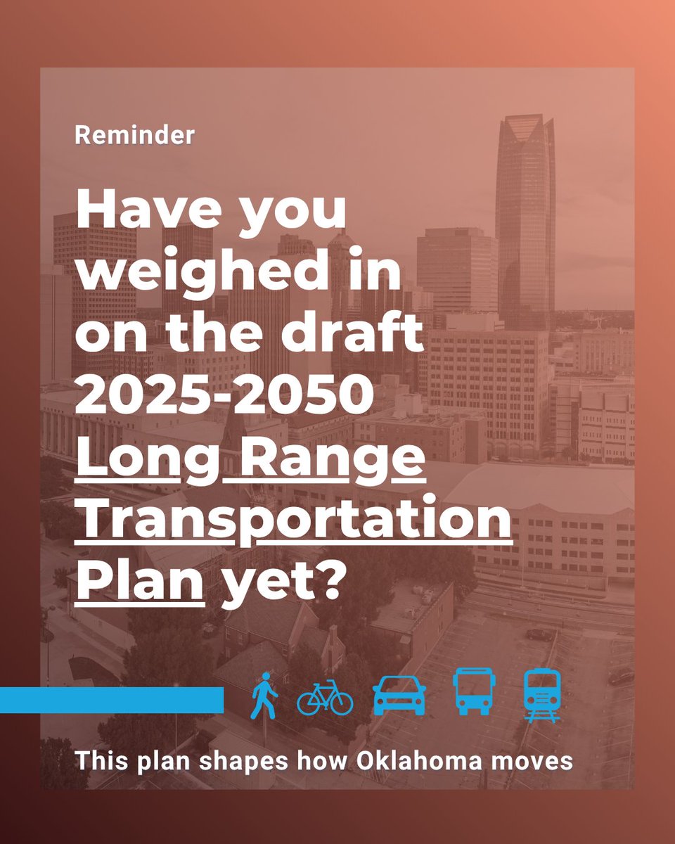 ODOT is asking Oklahomans to weigh in on the draft 2025-2050 Long Range Transportation Plan. This plan shapes how Oklahoma moves! ow.ly/mbt050WwU9w
🚗 Highways
🚌Public transit
🚆Freight
🚲 Bike and Pedestrian