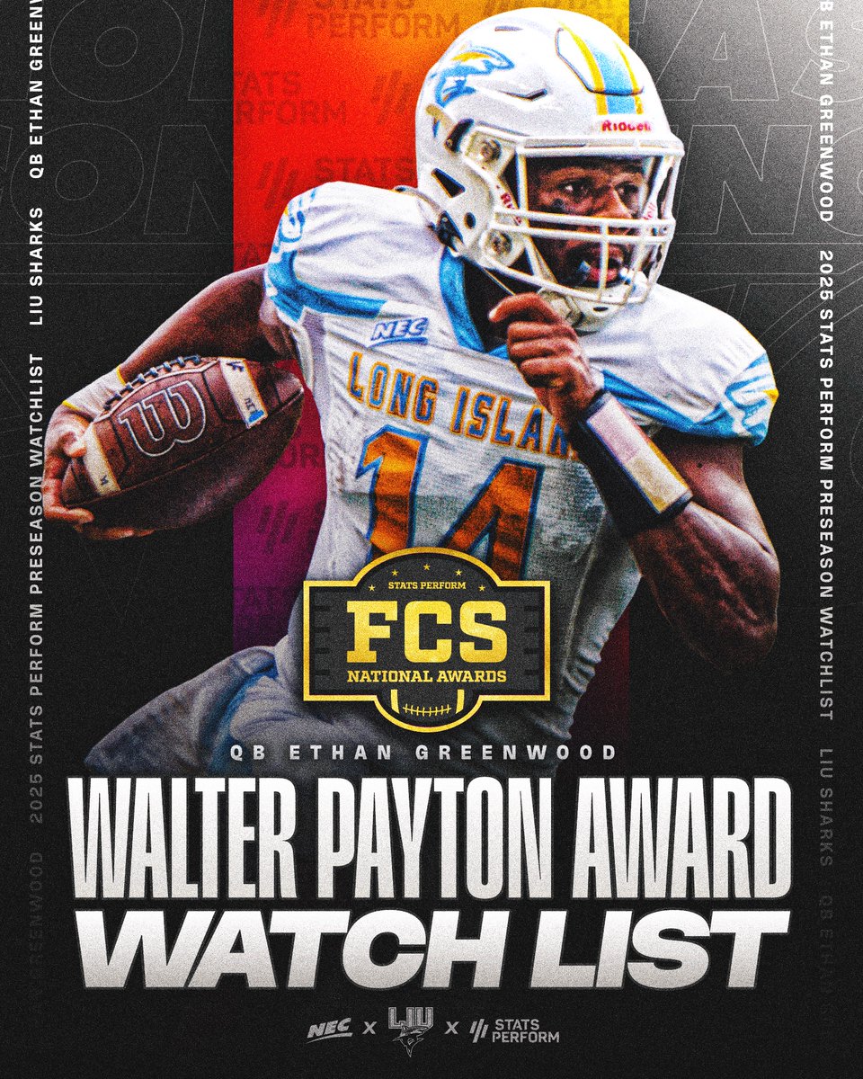 NEC Football (@necfootball) on Twitter photo 🦈 Recently named to the <a href="/OptaAnalystFCS/">FCS Football</a> Preseason All-America squad, <a href="/LIUSharksFB/">LIU Football</a> quarterback Ethan Greenwood landed on the 2025 Stats Perform Walter Payton Award Watch List! 👏
#NECFB 🦈 Recently named to the <a href="/OptaAnalystFCS/">FCS Football</a> Preseason All-America squad, <a href="/LIUSharksFB/">LIU Football</a> quarterback Ethan Greenwood landed on the 2025 Stats Perform Walter Payton Award Watch List! 👏
#NECFB