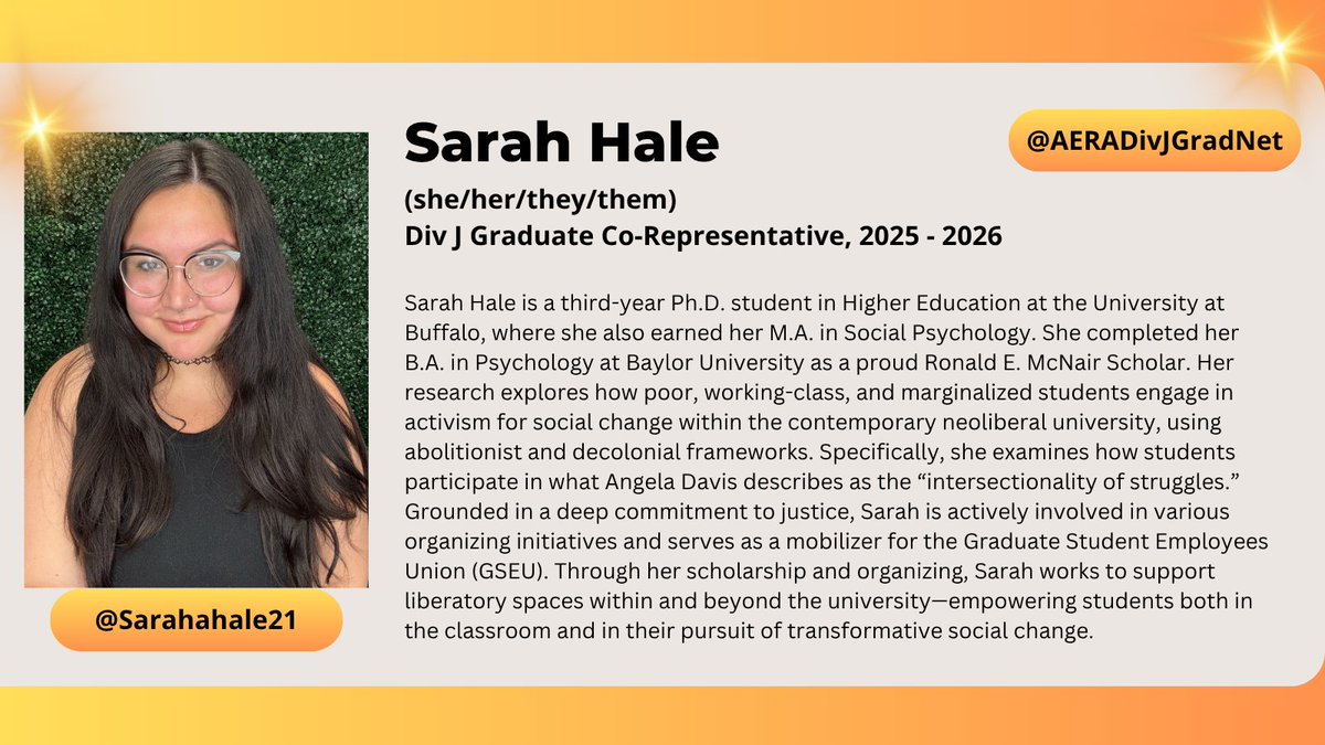 Div J Grad Network (@aeradivjgradnet) on Twitter photo Finally, we are excited to welcome <a href="/Sarahahale21/">Sarah Hale</a> from
<a href="/UBGSE/">UBuffalo GSE | Education</a> <a href="/UBuffalo/">UBuffalo</a> as our <a href="/AERADiv_J/">AERA Division J</a> Graduate At-large Representative for 2025-2026.
#AERA25 #DivJChat #HigherEd Finally, we are excited to welcome <a href="/Sarahahale21/">Sarah Hale</a> from
<a href="/UBGSE/">UBuffalo GSE | Education</a> <a href="/UBuffalo/">UBuffalo</a> as our <a href="/AERADiv_J/">AERA Division J</a> Graduate At-large Representative for 2025-2026.
#AERA25 #DivJChat #HigherEd