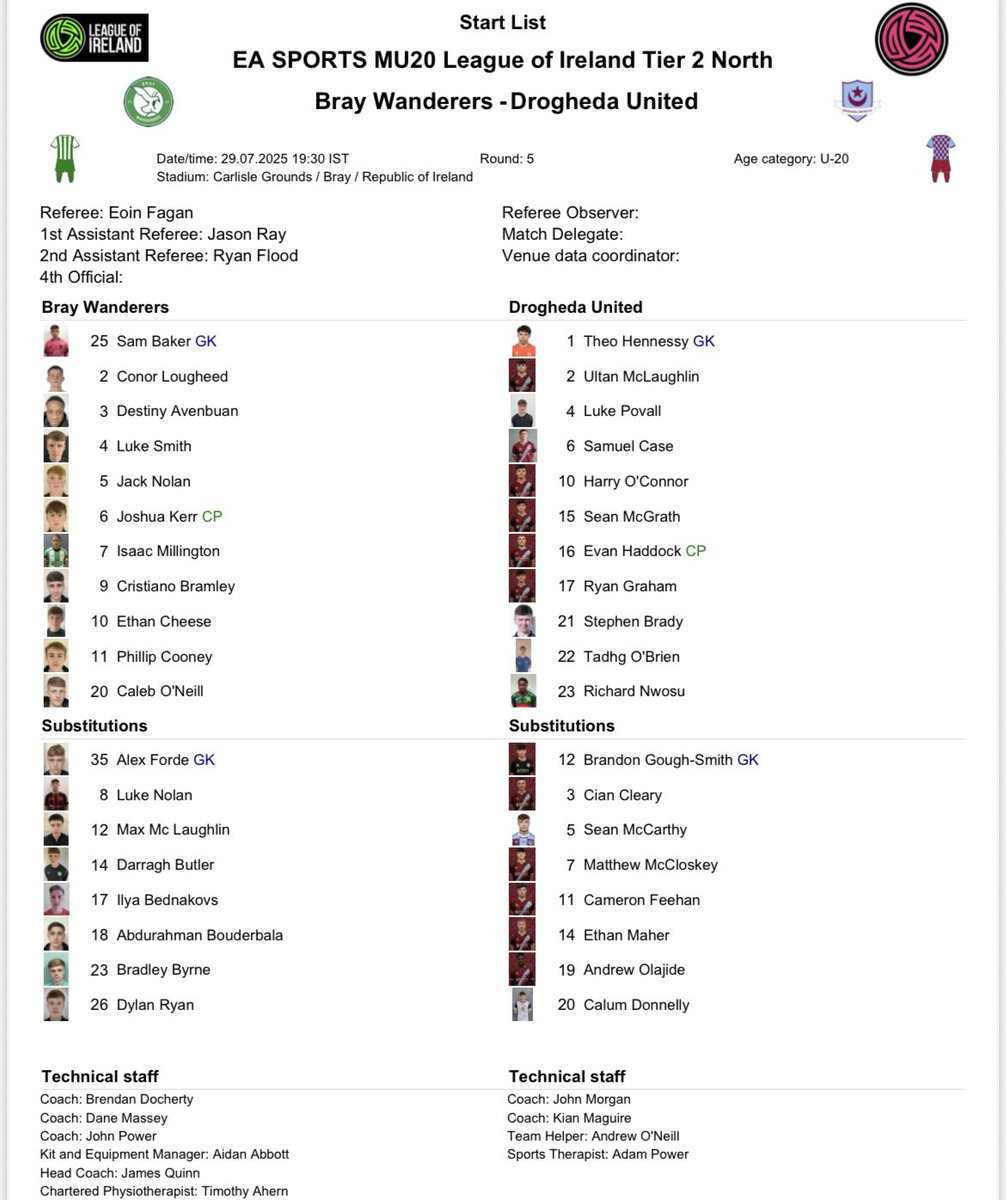 Tonight’s U20 teams - Bray v Drogheda 

#Seagulls 🟢⚪️