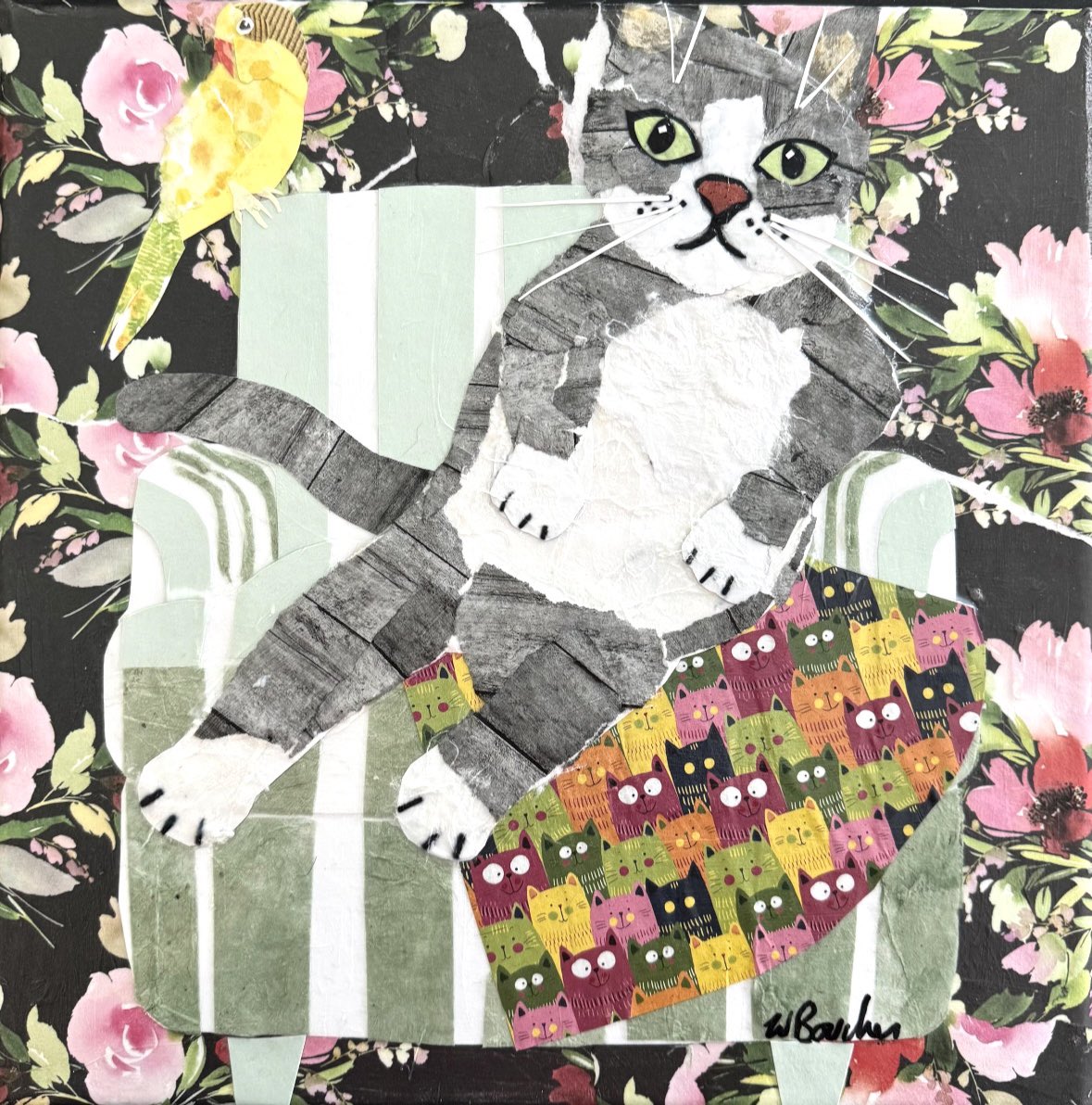 The Chonk and the Parakeet, 12x12” paper collage. wendyboucherstudio.etsy.com/listing/185825…
