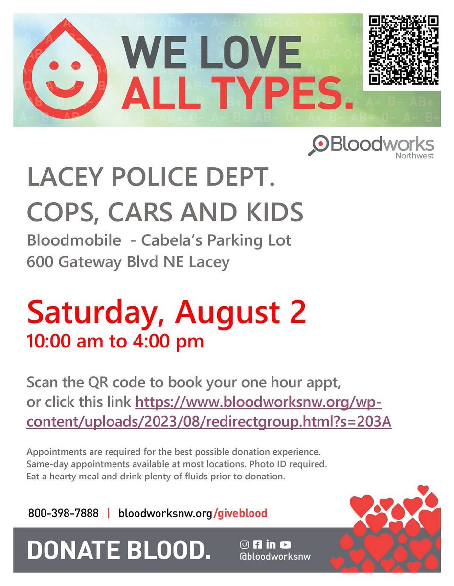 Come by Cops, Cars N Kids on Saturday and #SaveALife while you’re there! Schedule an appointment at: bloodworksnw.org/wp-content/upl… 🩸 #DonateBlood #FreeEvent #LaceyPD