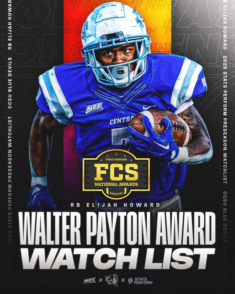 NEC Football (@necfootball) on Twitter photo 🔵👿 <a href="/ccsu_fb/">CCSU Football</a> running back Elijah Howard, the reigning NEC Offensive Player of the Year, has earned a spot on the preseason watch list for the 2025 <a href="/OptaAnalystFCS/">FCS Football</a> Walter Payton Award ‼️
#NECFB 🔵👿 <a href="/ccsu_fb/">CCSU Football</a> running back Elijah Howard, the reigning NEC Offensive Player of the Year, has earned a spot on the preseason watch list for the 2025 <a href="/OptaAnalystFCS/">FCS Football</a> Walter Payton Award ‼️
#NECFB