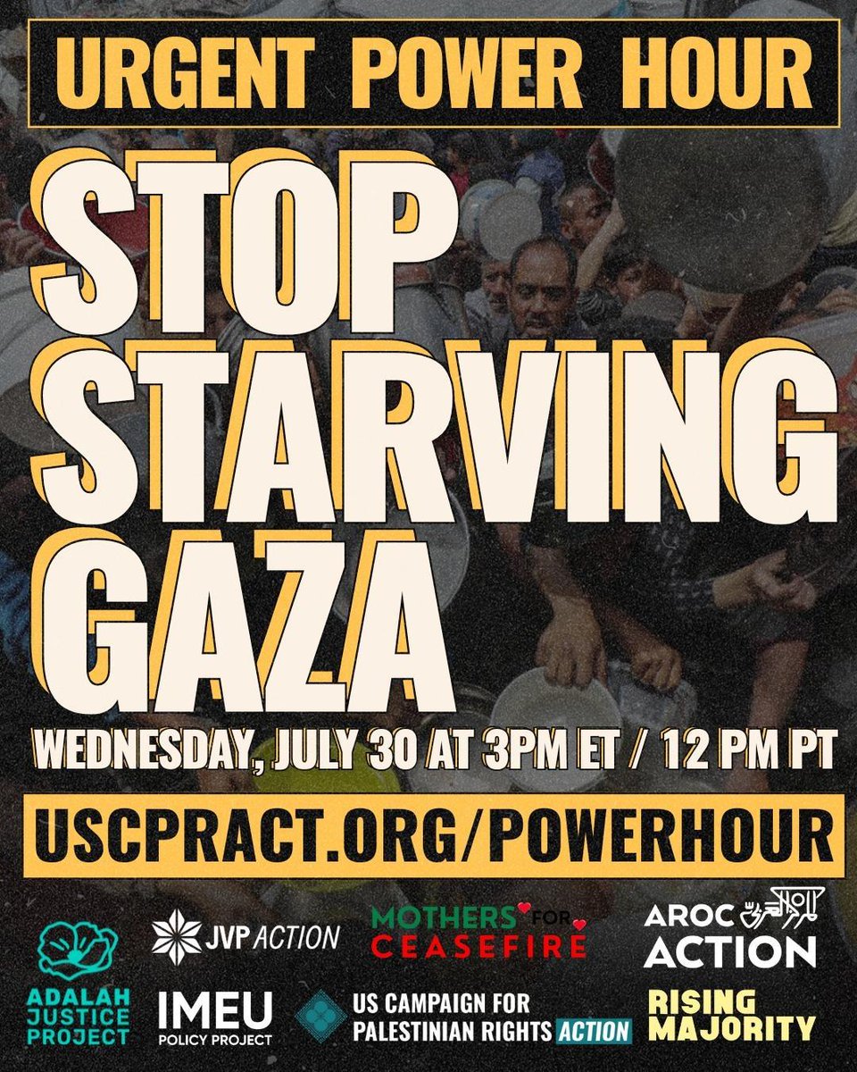Jewish Voice for Peace (@jvplive) on Twitter photo THIS IS A RED ALERT: THE ISRAELI GOVERNMENT IS STARVING GAZA TO DEATH
uscpract.org/powerhour THIS IS A RED ALERT: THE ISRAELI GOVERNMENT IS STARVING GAZA TO DEATH
uscpract.org/powerhour