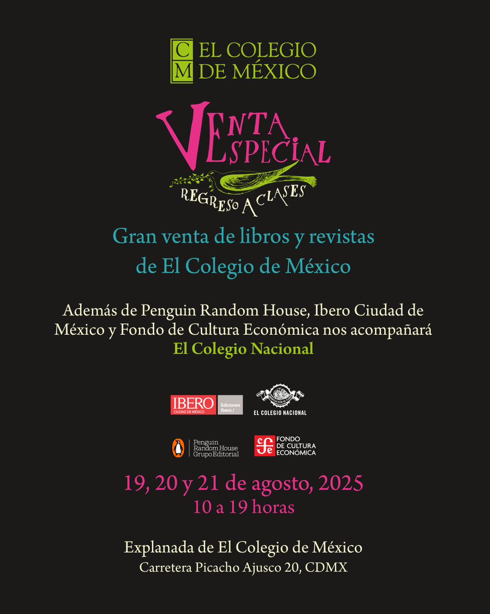 CEI Colmex (@ceicolmex) on Twitter photo 📚¡Vuelve la temporada en la que los libros toman la explanada de <a href="/elcolmex/">El Colegio de México</a>!
Asiste a la Venta especial regreso a clases de <a href="/LibrosColmex/">Publicaciones de El Colegio de México</a>, donde encontrarás descuentos de hasta 70%.
📅19, 20 y 21 de agosto | 10:00 a 19:00h |📍Explanada principal
#ColmexParaTi #LibrosColmex 📚¡Vuelve la temporada en la que los libros toman la explanada de <a href="/elcolmex/">El Colegio de México</a>!
Asiste a la Venta especial regreso a clases de <a href="/LibrosColmex/">Publicaciones de El Colegio de México</a>, donde encontrarás descuentos de hasta 70%.
📅19, 20 y 21 de agosto | 10:00 a 19:00h |📍Explanada principal
#ColmexParaTi #LibrosColmex