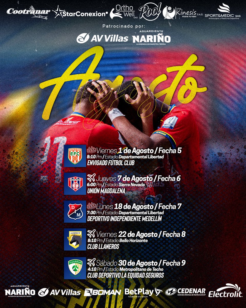 🔵🔴🟡 [AGENDA VOLCÁNICA - AGOSTO]  

🗓️ Con dos partidos en casa (Envigado y DIM), más tres compromisos a domicilio (Unión, Equidad y Llaneros), se diagrama nuestro calendario deportivo durante el mes de agosto.