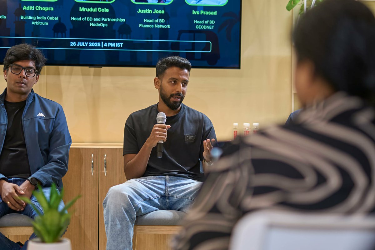 fluence_project's tweet photo. Great energy at Bangalore DePIN meetup hosted by @AethirIndia 🇮🇳

Our BD lead @JustineJose15 joined the panel alongside friends from @arbitrum_india @geodnet @NodeOpsHQ and others to chat about decentralized infrastructure, nodes, and what’s next for the Indian DePIN space

Big thanks to everyone who came by and shared their perspective, always inspiring to see the local community growing and connecting

Let’s keep building together!