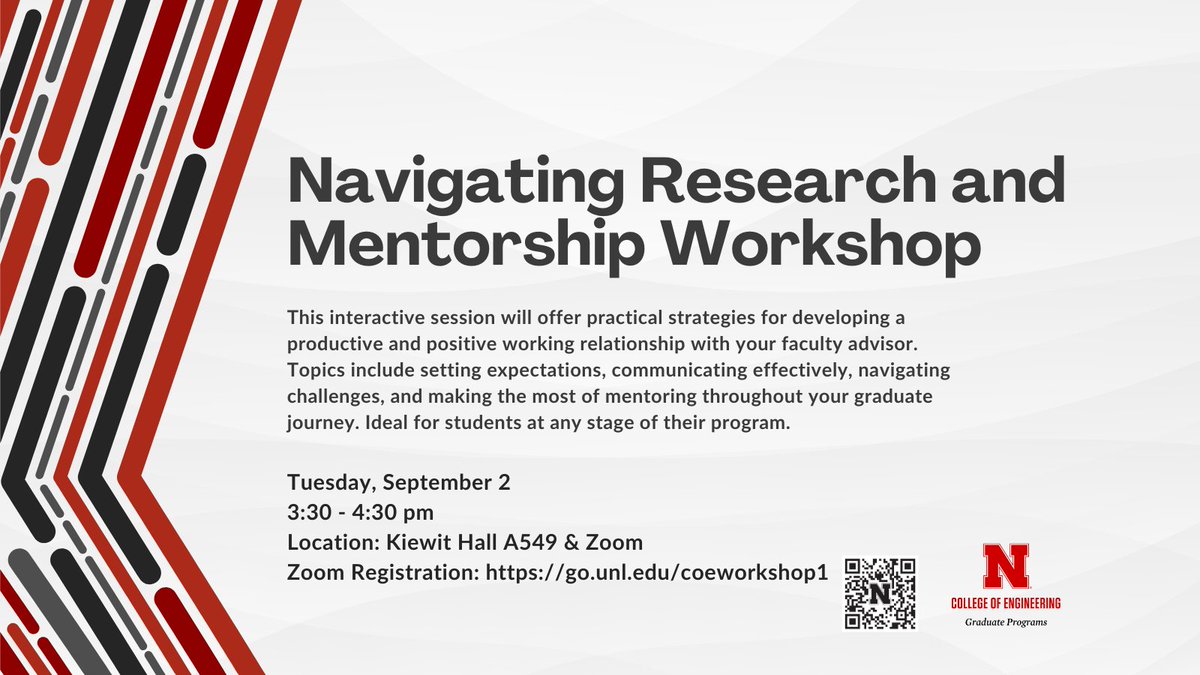 unl_engrgrad's tweet image. Join @NebEngineering Graduate Programs for a workshop on Navigating Research and Mentorship on Tues., Sept. 2 at 3:30pm in Kiewit Hall A549 or on Zoom. For Zoom, register: go.unl.edu/coeworkshop1