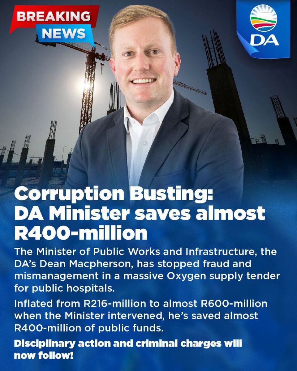 🚨Fraud and mismanagement in a massive Oxygen supply tender for public hospitals has been stopped.

Intervention into the deal by the DA’s Dean Macpherson, Minister of Public Works and Infrastructure, saved almost R400 million in public funds!

🔎Read more: