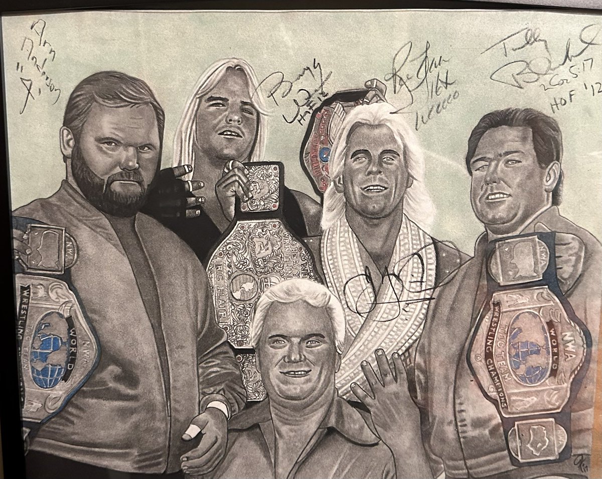 My 2 favorite pieces of art done by <a href="/JohnJ2me/">John Twomey</a> in my collection! Signed by all original members of the Horsemen! <a href="/RicFlairNatrBoy/">Ric Flair®</a> Tully,Ole,<a href="/TheArnShow/">Arn Anderson</a>.. BW and JJ as well in the other version!