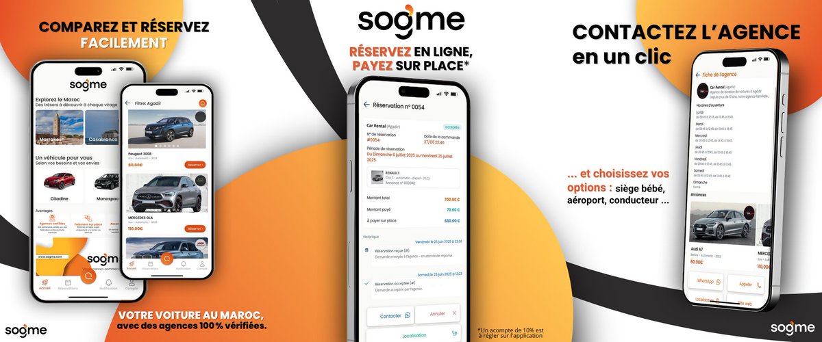sogme_app's tweet photo. Vous partez bientôt au Maroc ?
Comparez et réservez votre voiture en quelques clics avec SOGME🇲🇦

✅ Agences locales vérifiées
✅ Options sur mesure (aéroport, siège bébé)
✅ Acompte de 10 % seulement
✅ Paiement du reste sur place

📲 Téléchargez l'appli et partez l’esprit léger https://t.co/cvBXH1LTR6