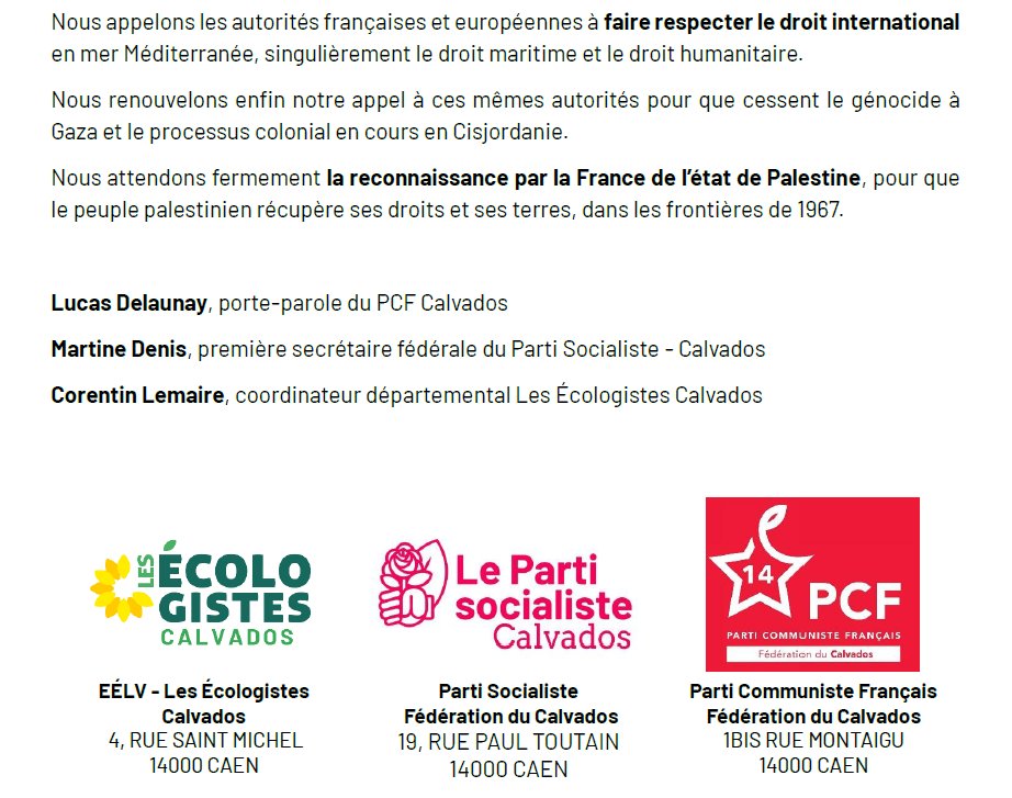 Les Écologistes du Calvados dénoncent l'abordage du Handala et soutiennent l'action humanitaire pour Gaza.