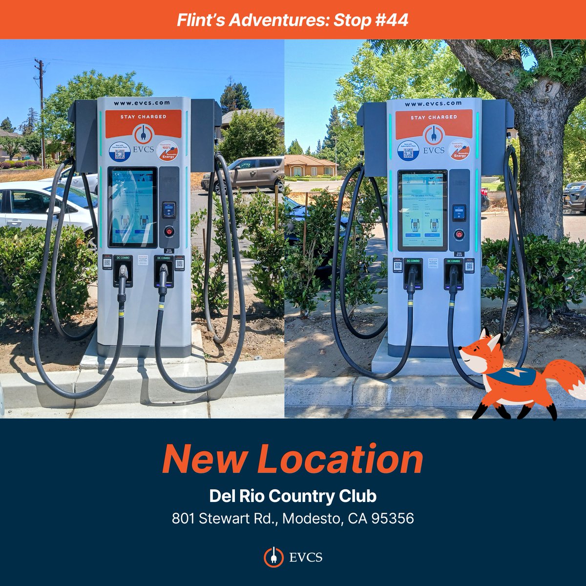 EVCSnetwork's tweet image. 4 new 100 kW DC Fast chargers are now available! ⚡🦊

I’m in Modesto, CA, where EVCS has commissioned a new charging site at the beautiful Del Rio Country Club. Whether you&apos;re here for a round of golf or just in the area, it’s a perfect place to recharge.