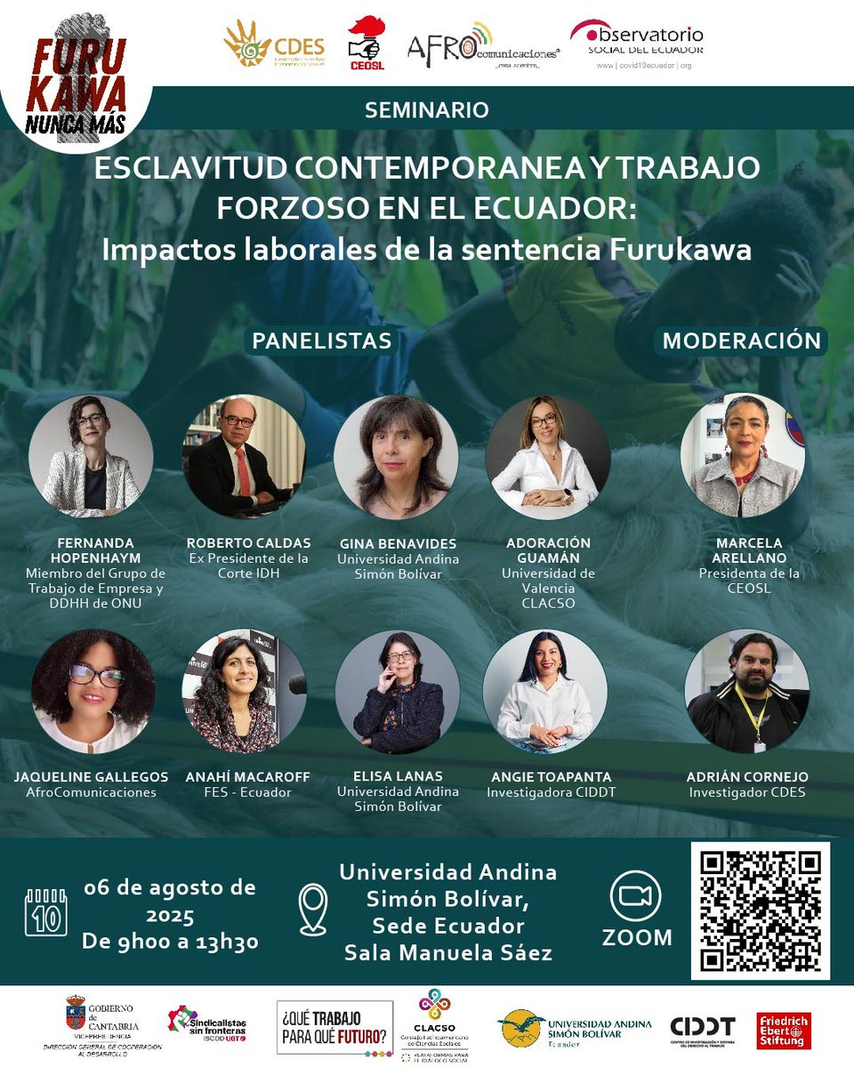 La histórica sentencia del caso #Furukawa abre un debate urgente:

¿Cómo persisten las formas análogas a la esclavitud en el Ecuador?

¿Qué retos enfrentan los DDHH, el derecho al trabajo y las organizaciones sindicales?

¿Cómo asegurar las reparaciones ordenadas en la sentencia?
