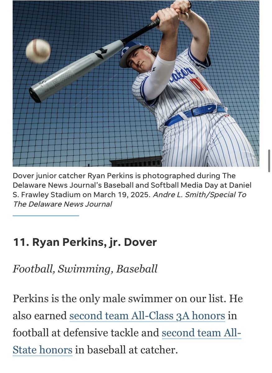 Thank you <a href="/delawareonline/">Delaware Online</a> for recognizing me as one of the top three-sport athletes in the state! 

Looking forward to my senior year on the field, in the pool and on the diamond! 

<a href="/DHigh_Baseball/">Senators Baseball</a> <a href="/CoachSpadafino/">Coach Spadafino</a> <a href="/DoverSenatorsFB/">Dover Senators Football</a> <a href="/CoachSims1983/">Rudy Simonetti</a>