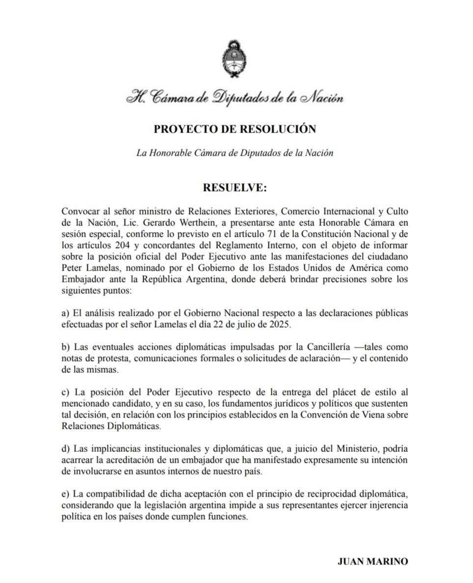 INTERPELACIÓN AL CANCILLER WERTHEIN

Presentamos un proyecto en la Cámara de Diputados para que el gobierno nacional explique su posición ante las declaraciones injerencistas de Peter Lamelas, candidato de Trump para ocupar la Embajada de EEUU en Argentina