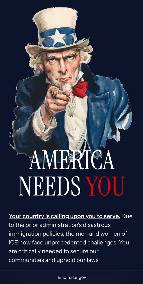 The ICE recruitment website features Uncle Sam &amp; says the country is calling upon Americans to serve due to the “disastrous” immigration policies of the Biden administration. 

join.ice.gov