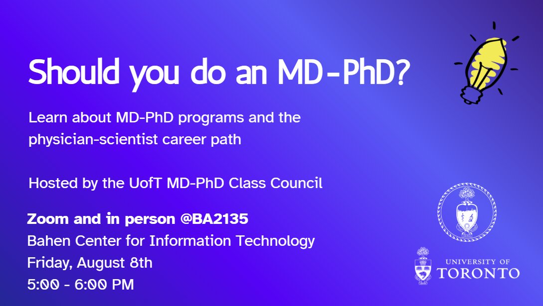Students of U of T's MD–PhD Program (@uoftmdphd) on Twitter photo Calling all undergraduate and graduate students considering a career in medicine and/or research!
Please join us for a hybrid (Zoom/in-person) session to learn more if combined MD-PhD training is right for you!
Message us here or on Instagram (<a href="/uoftmdphd/">Students of U of T's MD–PhD Program</a>) to RSVP! Calling all undergraduate and graduate students considering a career in medicine and/or research!
Please join us for a hybrid (Zoom/in-person) session to learn more if combined MD-PhD training is right for you!
Message us here or on Instagram (<a href="/uoftmdphd/">Students of U of T's MD–PhD Program</a>) to RSVP!
