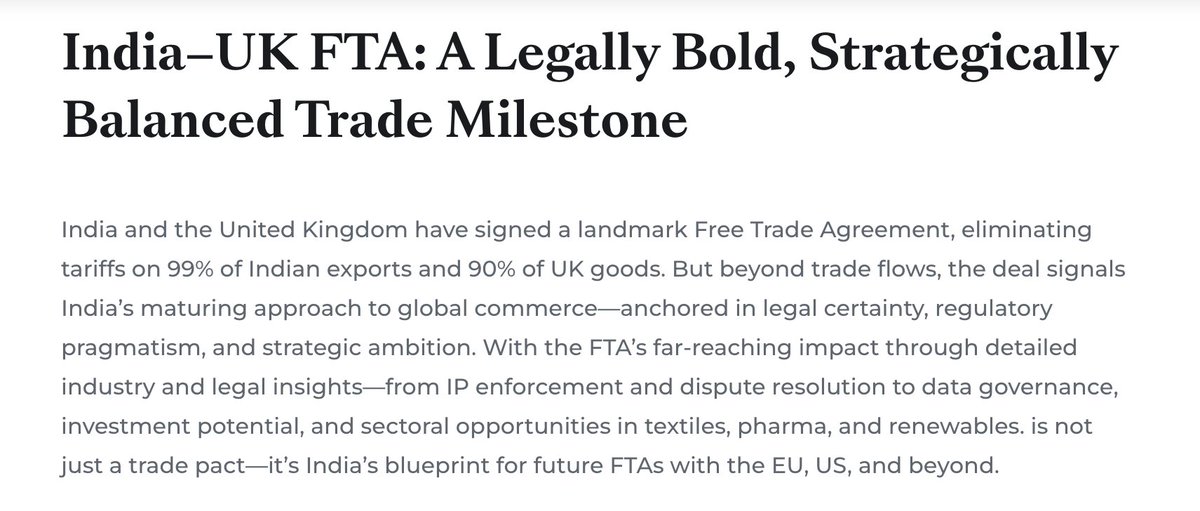 Got quoted in <a href="/EtLegalworld/">ETLegalworld</a> while contributing my insights on the landmark India-UK FTA. I state that the India-UK FTA is a bold, balanced trade pact fostering economic realignment and geopolitical intent. <a href="/EconomicTimes/">Economic Times</a> 
#IndiaUKFTA #CETA #India