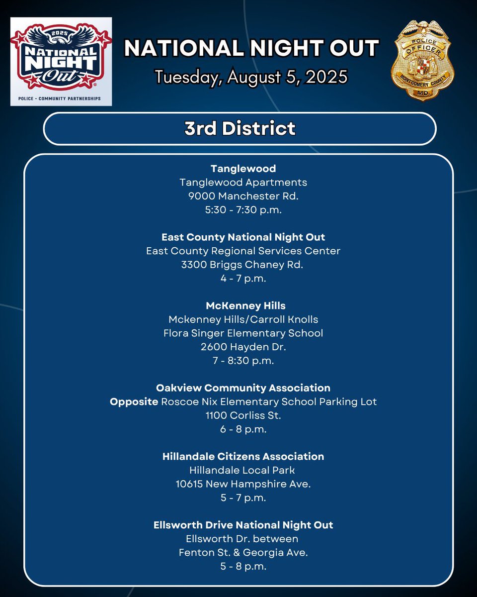 MCPD 3D Commander (@mcpd3dcommander) on Twitter photo 🚨National Night Out (NNO) is quickly approaching!! Check out the locations in the <a href="/mcpnews/">Montgomery County Department of Police</a> 3rd District and hope to see you there! 🚨National Night Out (NNO) is quickly approaching!! Check out the locations in the <a href="/mcpnews/">Montgomery County Department of Police</a> 3rd District and hope to see you there!