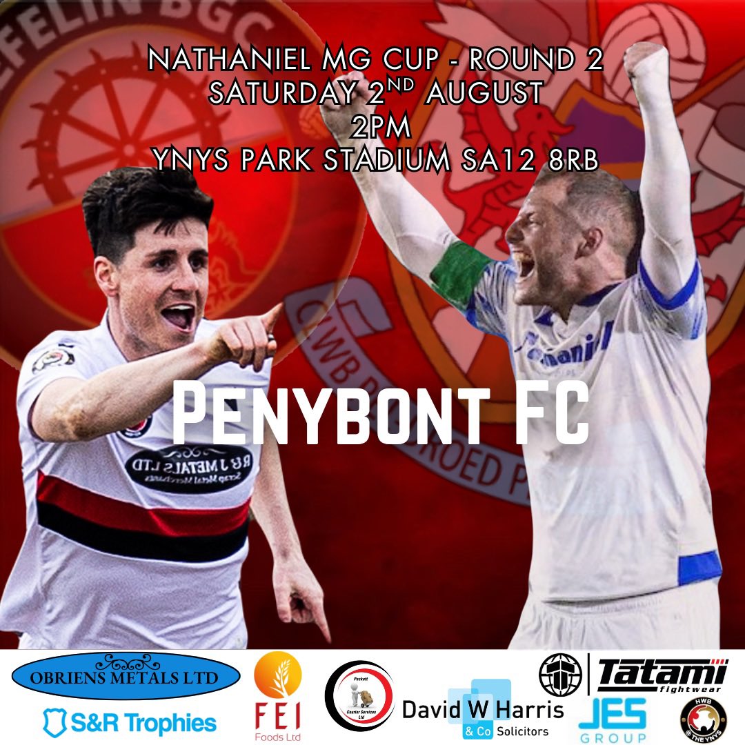 🔥ꜱᴀᴛᴜʀᴅᴀʏꜱ ᴄᴜᴘ ᴍᴀᴛᴄʜ🔥

This Saturday we welcome <a href="/PenybontFC_/">Penybont FC</a> to the Ynys Park in round 2 of the #nathanielmgcup ⚽️

Kick off is at 2PM and the <a href="/TrefelinBGCbar/">Ynys Park Sports Bar</a> open from 1PM for refreshments and hot food 🍺🍔

#uppatref