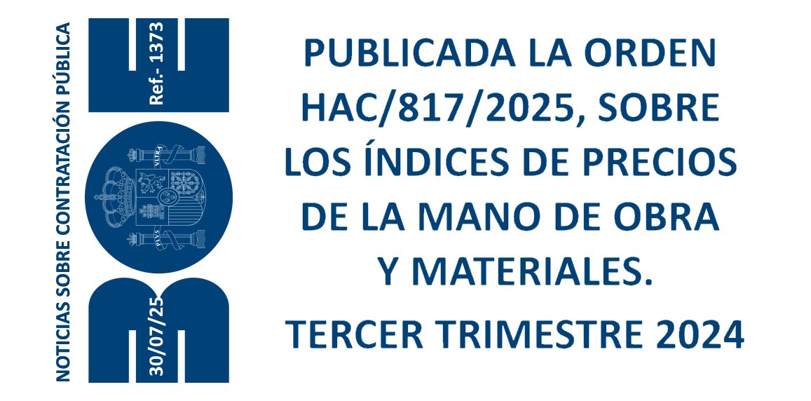 contratodeobras.com/2025/07/notici…  NOTICIAS SOBRE CONTRATACIÓN PÚBLICA (1373). Publicada en el BOE la Orden HAC/817/2025 sobre los índices de precios de la mano de obra y materiales del tercer trimestre de 2024.