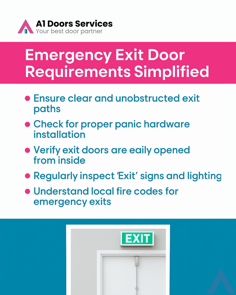 a1doorsservices's tweet image. Understand essential emergency exit door requirements for businesses. A1 Door Services helps you ensure compliance & safety.
📲(203) 941-6545
A1 Doors Services 💖
a1doorservices.com/commercial-doo…
#EmergencyExit #BusinessSafety #FireCode #CommercialCompliance #WorkplaceSecurity